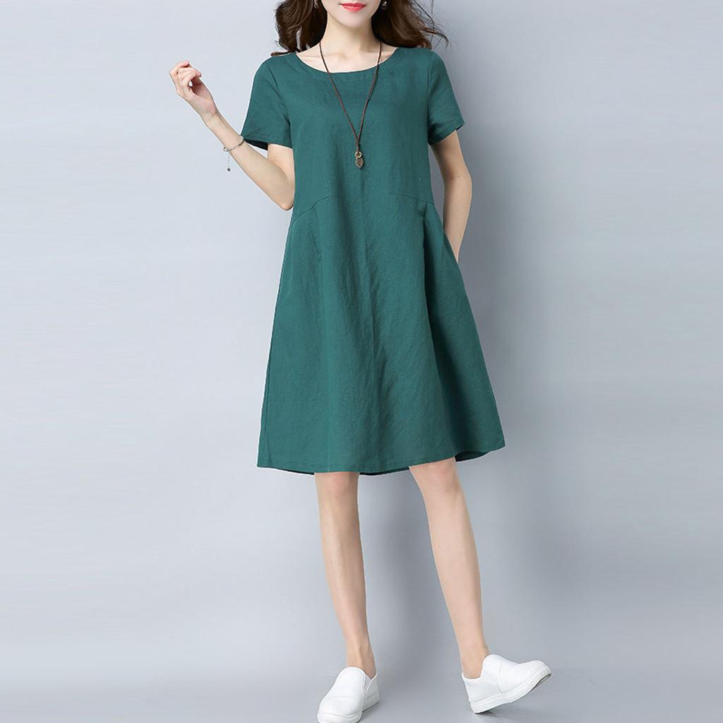 Women Cotton Linen Short-sleeved Loose Casual Midi