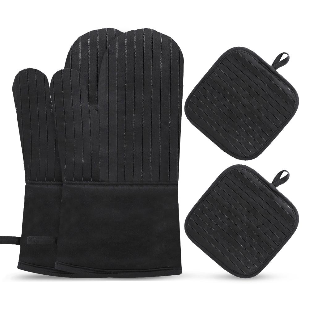 Cotton Silicone Oven Mitts Heat Non-Slip Barbecue Gloves Kitchen Oven Gloves Potholders 1 Pair Oven Mitts 2 Pot Holders