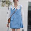 VONDA Women Lapel Neck Long Sleeve Ruffled Office Style Elegant Mini Dress