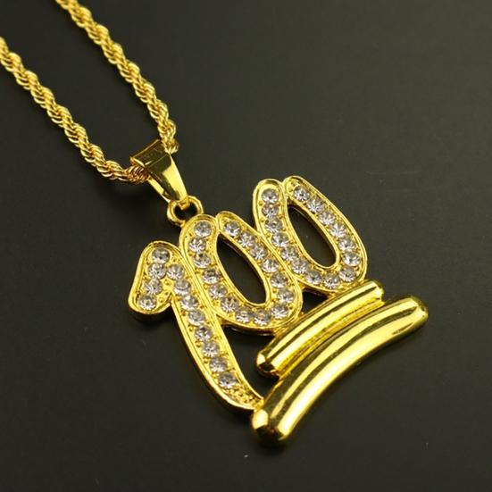 Men Hip Hop Twist Chain Rhinestone Number 100 Pendant Necklace Street Jewelry