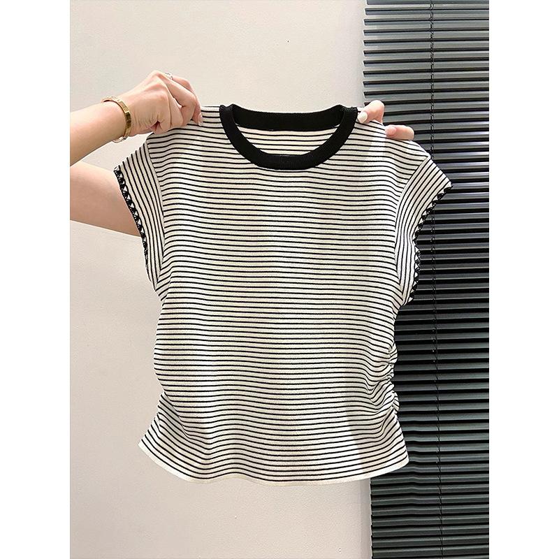 Premium sense flying sleeve T-shirt women's contrasting color striped knitted short sleeve summer small casual and thin bottoming top
