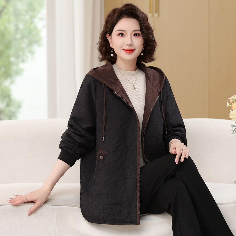 Autumn Style Quilted Thin Cotton Jacket, Spring and Autumn Hooded Loose Short Baseball Jacket, Casual Outerwear for Middle-Aged and Elderly Mothers