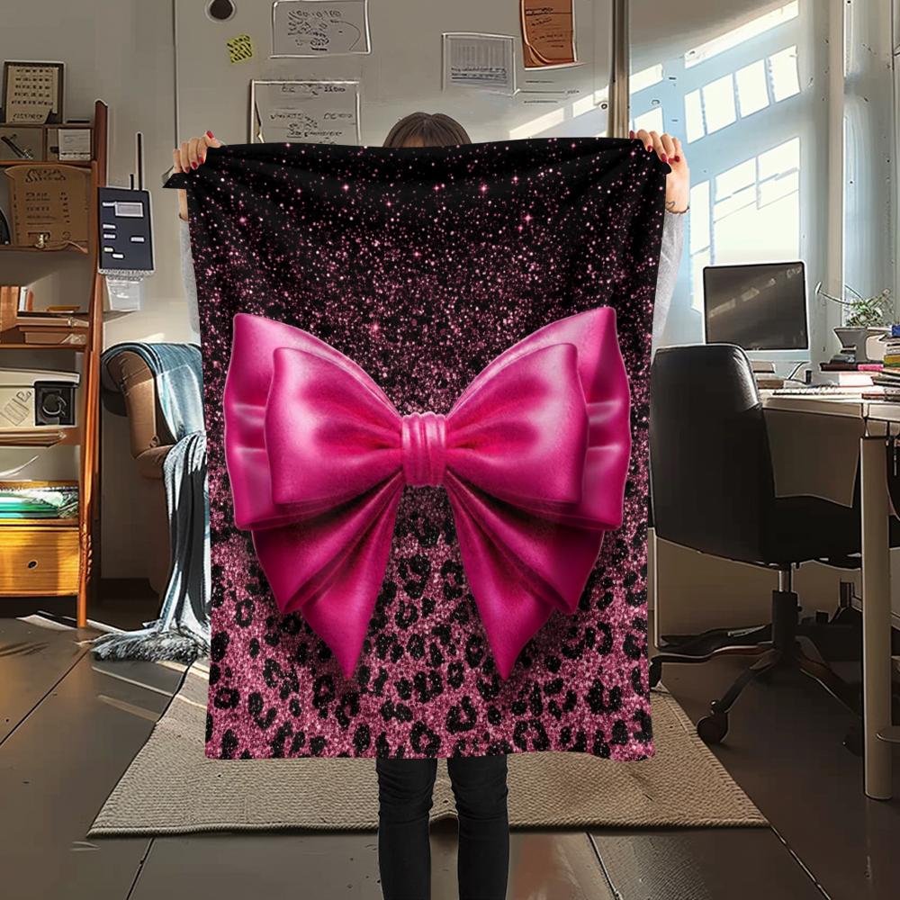 1Pc Pink&Black Bow Print Flannel Blanket, High quality Comfortable for All Seasons, Home Decor, Warmth and Comfort, Perfect for Christmas Gifts W28