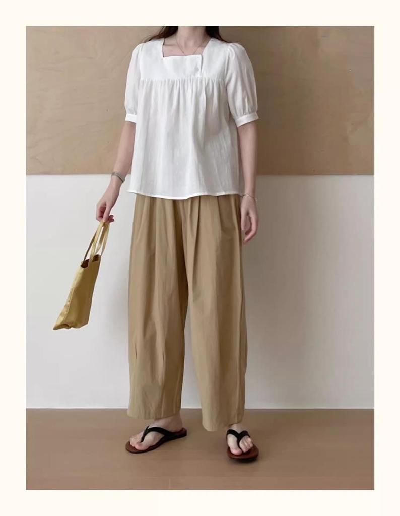 Cotton UL Japanese Style Women's Wide Leg Carrot Pants with Elastic Waist, Petite Loose Fit, Suitable for Spring, Summer, and Autumn.