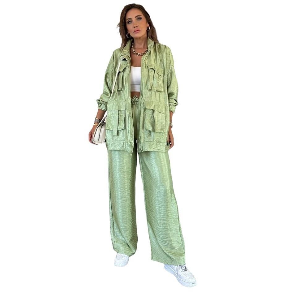 Women's Light Gray Suit Set with Wide Leg Pants, Stand Collar Jacket, White Crop Top, Casual Office Wear