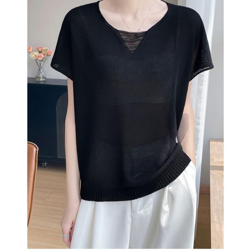 Women Beige V Neck Hollow Out Short Sleeve Loose Casual Knit Top