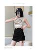 2024 Summer Black Irregular High Waist A-line Skirt with Slimming Ruched Design for Women