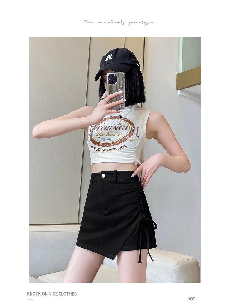 2024 Summer Black Irregular High Waist A-line Skirt with Slimming Ruched Design for Women