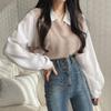 2024 Plus Size Women's Two-in-One Polo Collar Long Sleeve Spliced Sweater Top