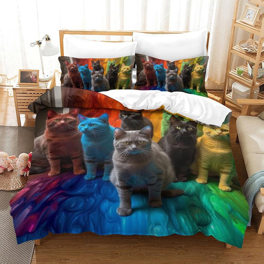 Colorful Cat 3D Digital Printing Polyester Quilt Cover Two Or Three Pieces Can Be