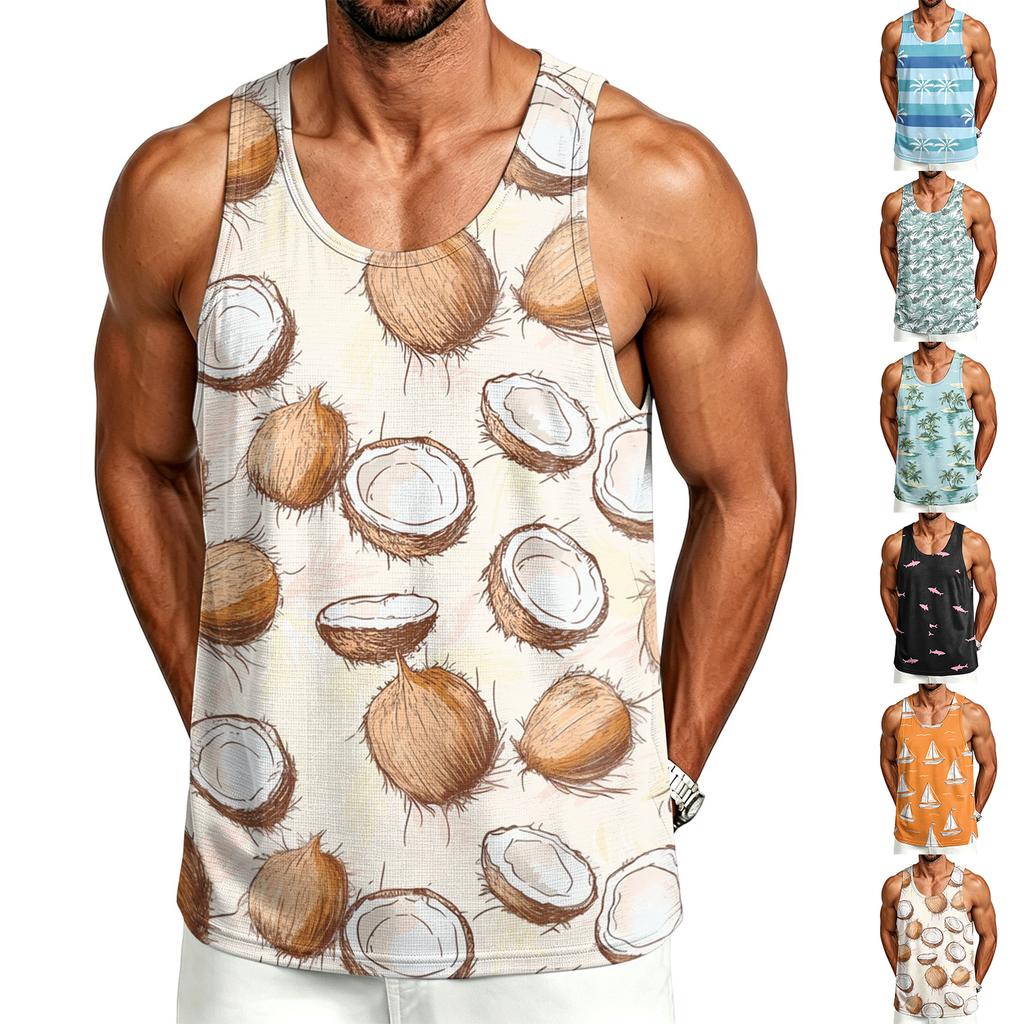 Men's Casual Hawaiian Print Outdoor Sports Tank Top Sleeveless Round Neck Summer Beachwear Gym Workout Shirt