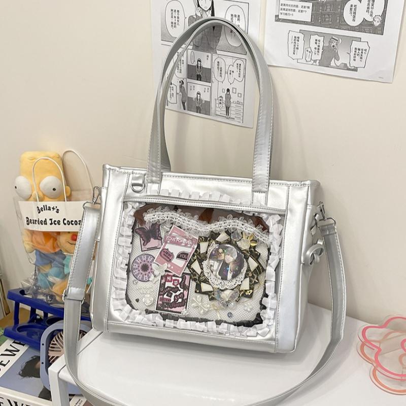 New PU Luxury Large Ita Bag with Insert Women High Quality Big Clear Window Shoulder Bag Anime Pin Display Girl Bow Handbags
