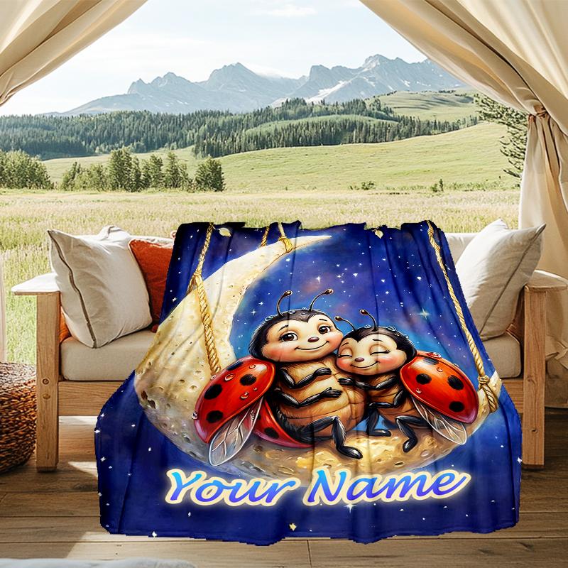 1PC Custom Name Ladybugs Moon flannel blanket versatile,all-season throw suitable for the living room,bedroom,camping,travel,and gift