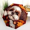 Shih Tzu and Fallen Leaves Pattern, Automatic Folding Umbrella, Portable and Foldable Design, 8 Ribs, a Christmas or Birthday Gift.