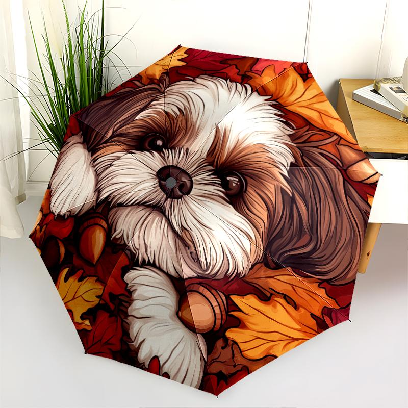 Shih Tzu and Fallen Leaves Pattern, Automatic Folding Umbrella, Portable and Foldable Design, 8 Ribs, a Christmas or Birthday Gift.