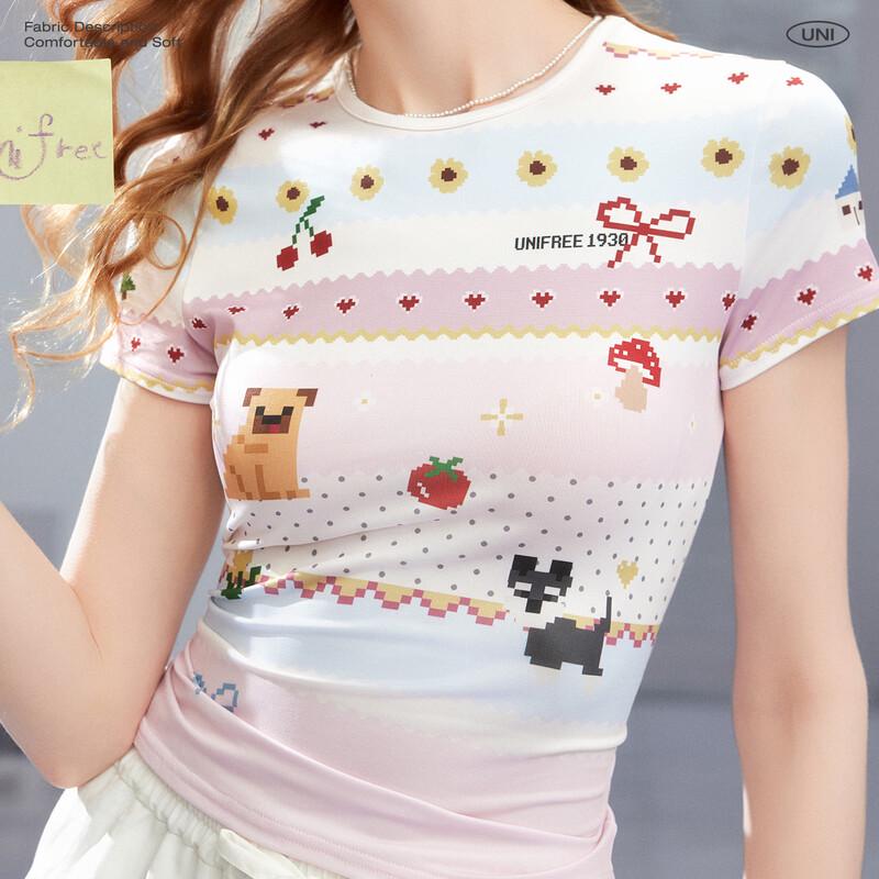 UNIFREE 2026 Summer Pixel Print Striped T-Shirt