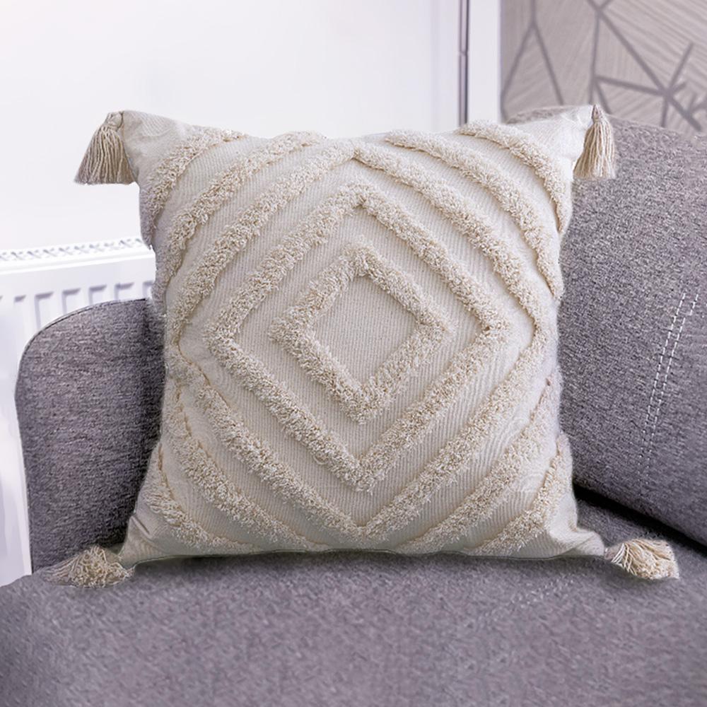 Home Decor Boho  Pillowcase With Tassels Handmade Woven Pillowcase Sofa Living Room Decoration Beige Tassels Cushion Cover