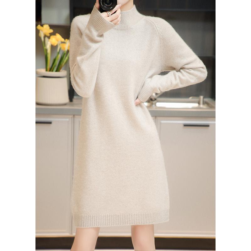 Half Turtleneck Sweater Mid-length Solid-color Knitted Dress for Women Casual Loose Pullover Autumn and Winter Top