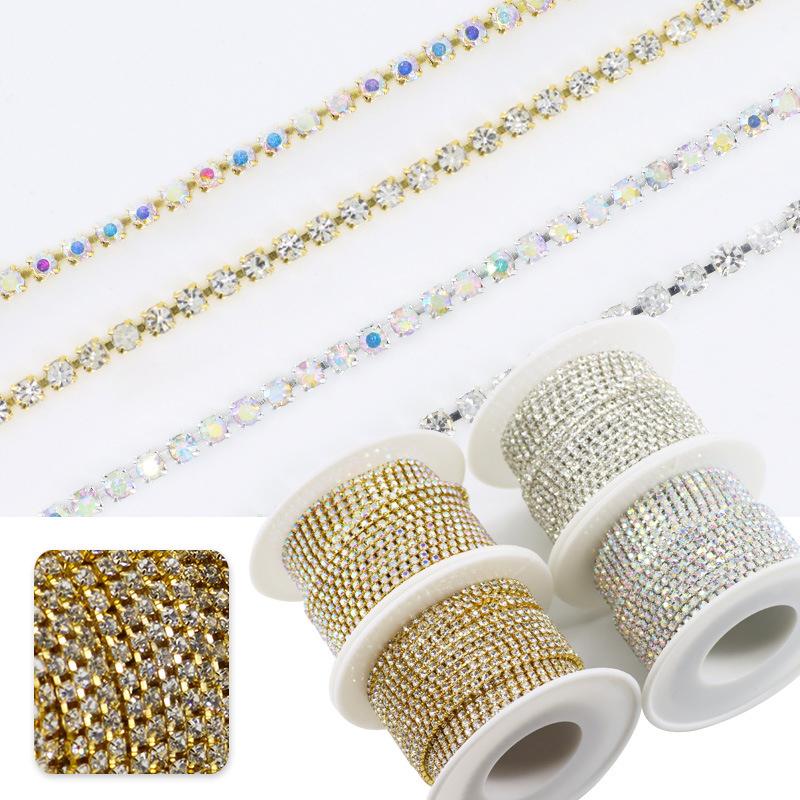25Cm Long Luxury Crystal Pearl Chain Nail Charms 1.5/2Mm Shining Clear Diamond Nail Art Metal Glass Manicure Crystal Nail Charm