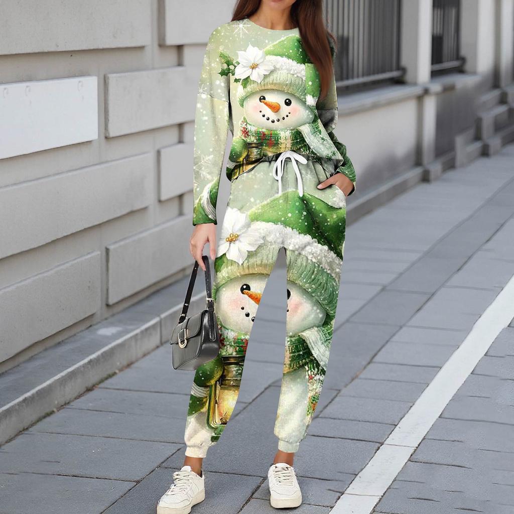 Sets For Women 2 Piece Round Neck Long Sleeve Shirts Printed Sweatpants Pocket Sets