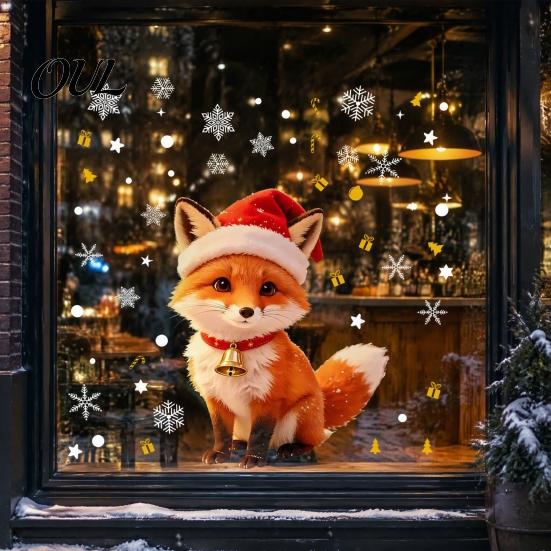 Creative Winter Theme Window Art Christmas Cute Fox Static Clings, Santa Hat Snowflake Gift Tree Easy Install Glass Decals Decals, Self-Adhesive