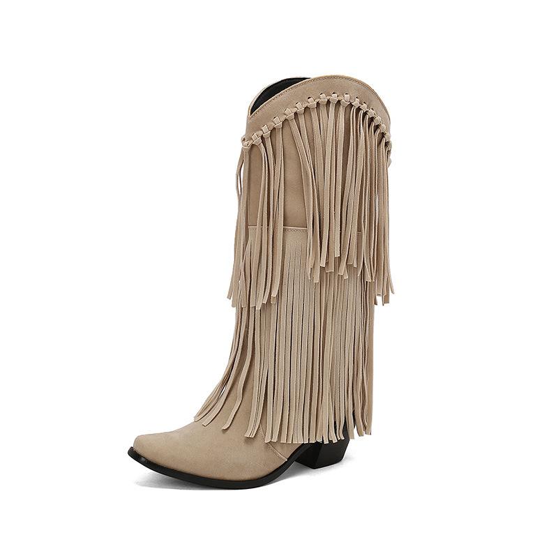 Autumn and winter new ebay supply fringed  boots size small square head solid color versatile high heel medium boots