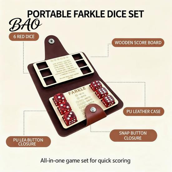 Family Night Dice Game Farkle Board Game, with Faux Leather Case, 6 Dices, Wooden Portable Scoreboard, Tabletop for Travel Party Retro