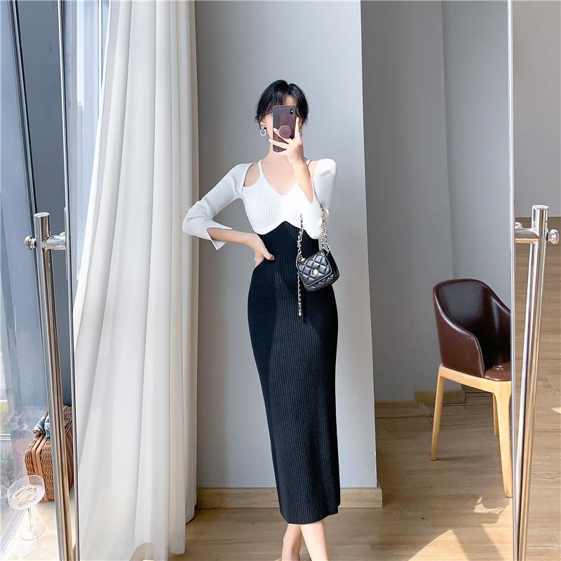 Французское винтажное хип-хоп трикотажное длинное платье женское осенне-зимнее элегантное — фото 12