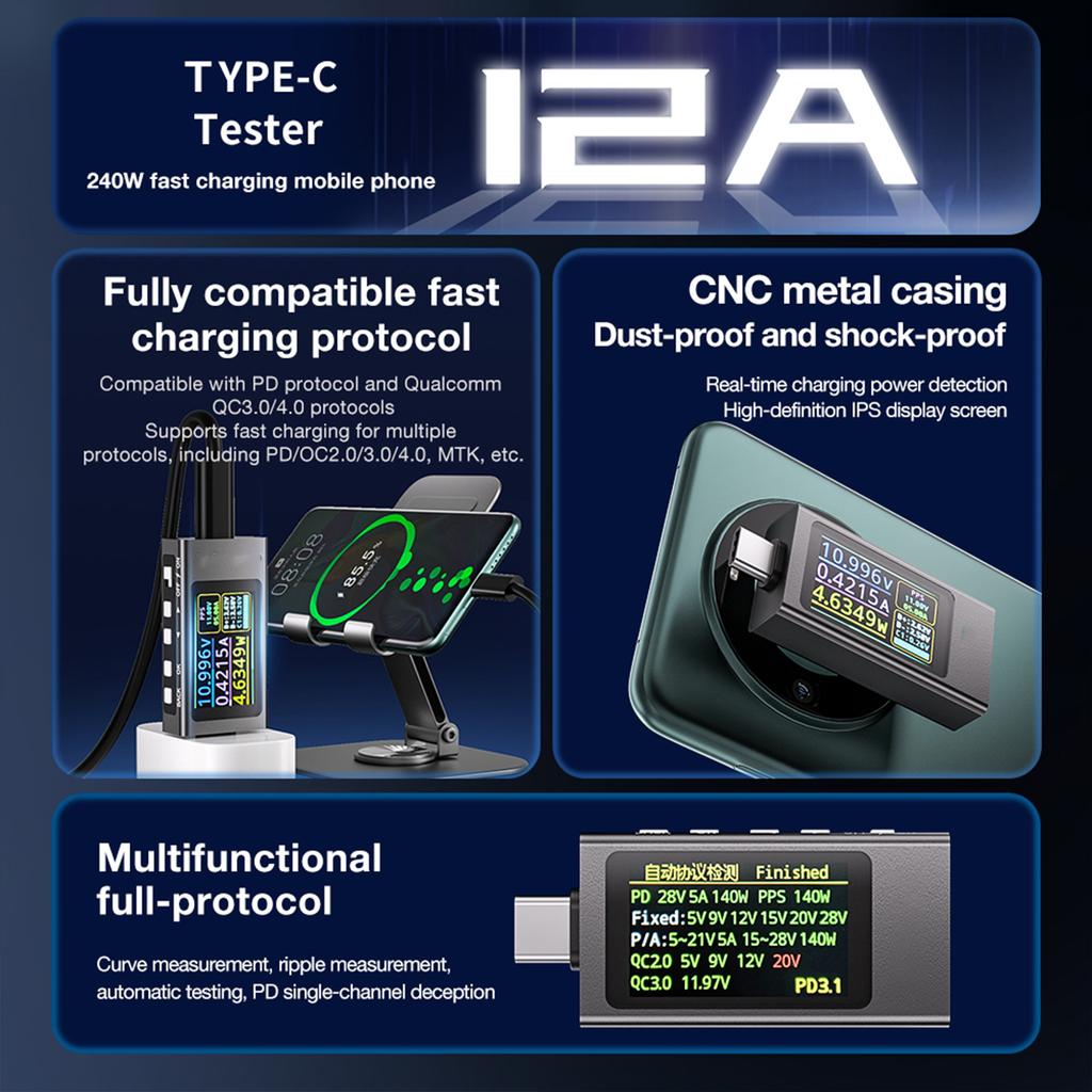 Portable USB C Protocol Analyzer Voltage Current Tester Real Time Monitoring Aluminum Digital Ammeter Voltmeter