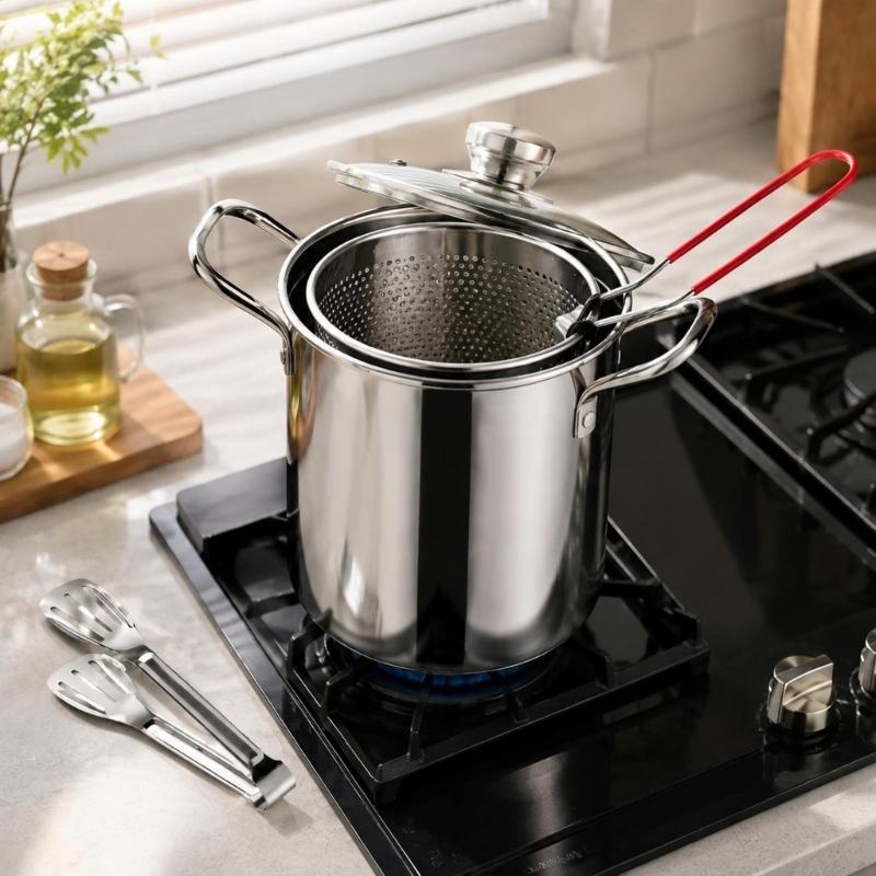 Steel Frying Pot with Two Handholds, 3 L Capacity, and a Formed Body for Cooking Tempura, French Fries, Shrimp, and Meatballs during Household Cooking