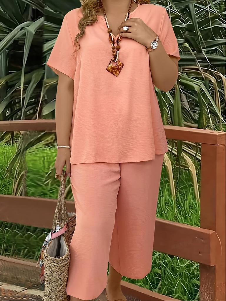 Women's Plus Size Elegant V-Neck Short Sleeve Top and Wide-Leg Pants Set - Solid Colors for Spring, Summer, and Autumn.