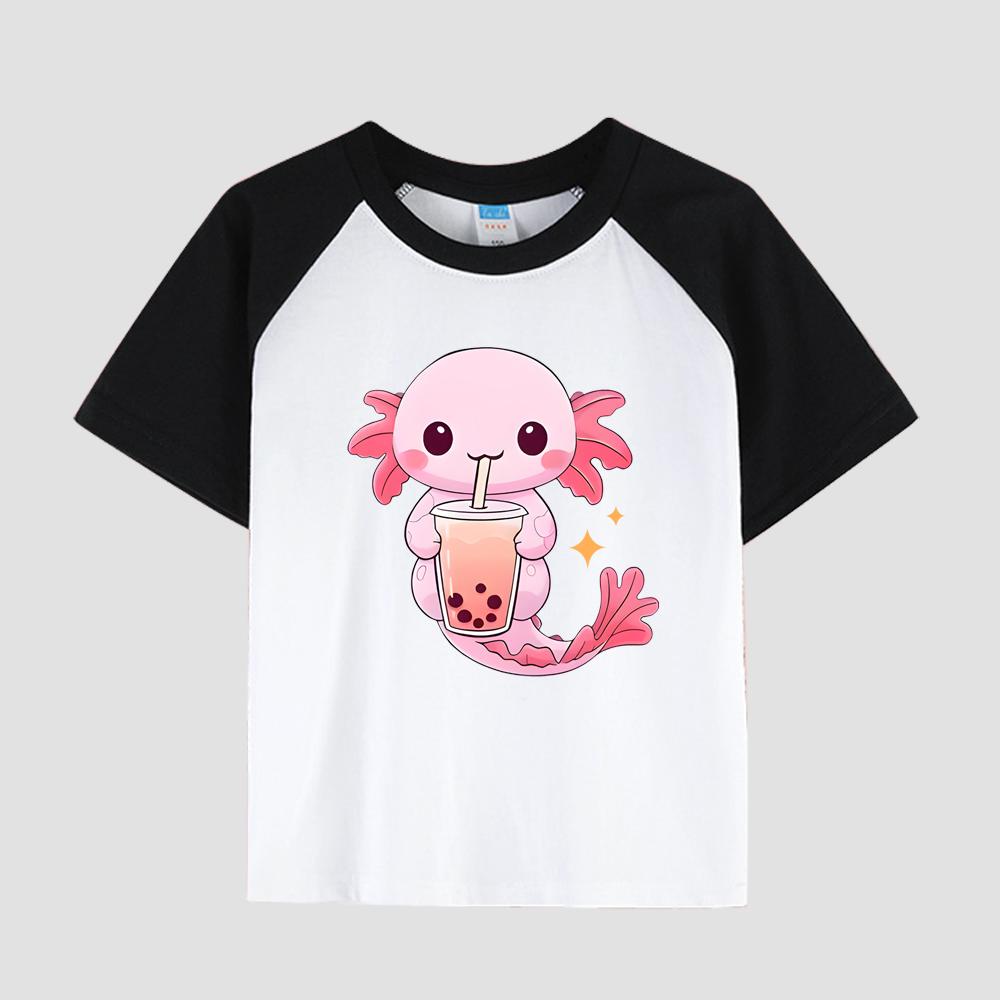 Children's Short Sleeve Cotton T-Shirt with Floral Print, Round Neck, Girls' Casual Fashion Top for Summer