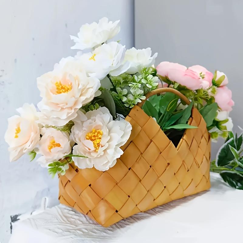 1pc Handcrafted Rustic Woven Basket with Handle - Traditional Style Decorative Flower Basket, Gift Box for Hotel and Home, Vintage Home Decor