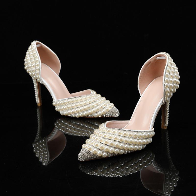 Fashion Luxury Handmade Full Pearls Rhinestones Wedding Women Pumps Elegant Pointed toe Bridal Thin High heels Fashion Party Prom Shoes