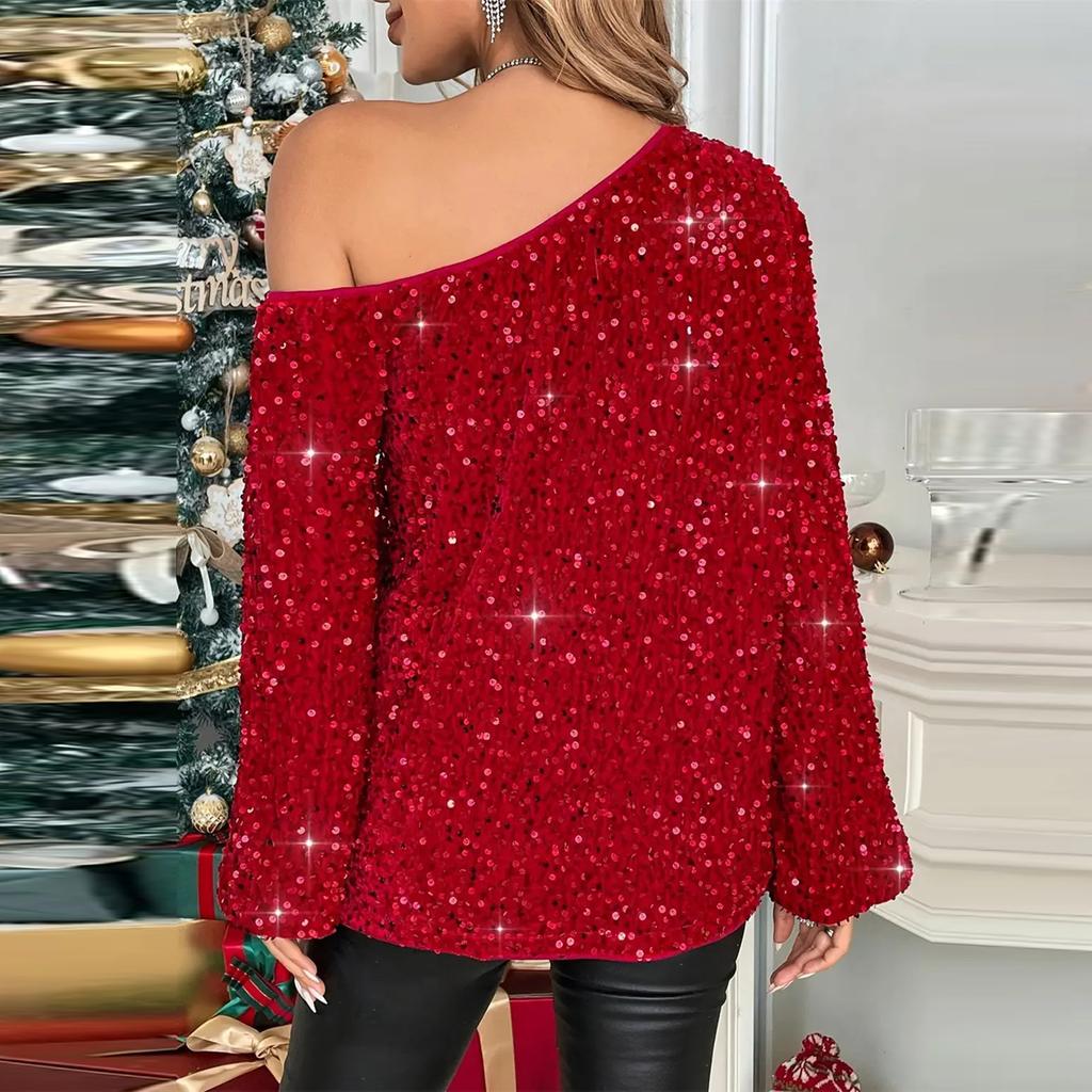 Women's Fashionable Casual Christmas Sequined Versatile Off-the-Shoulder Long-Sleeved Top
