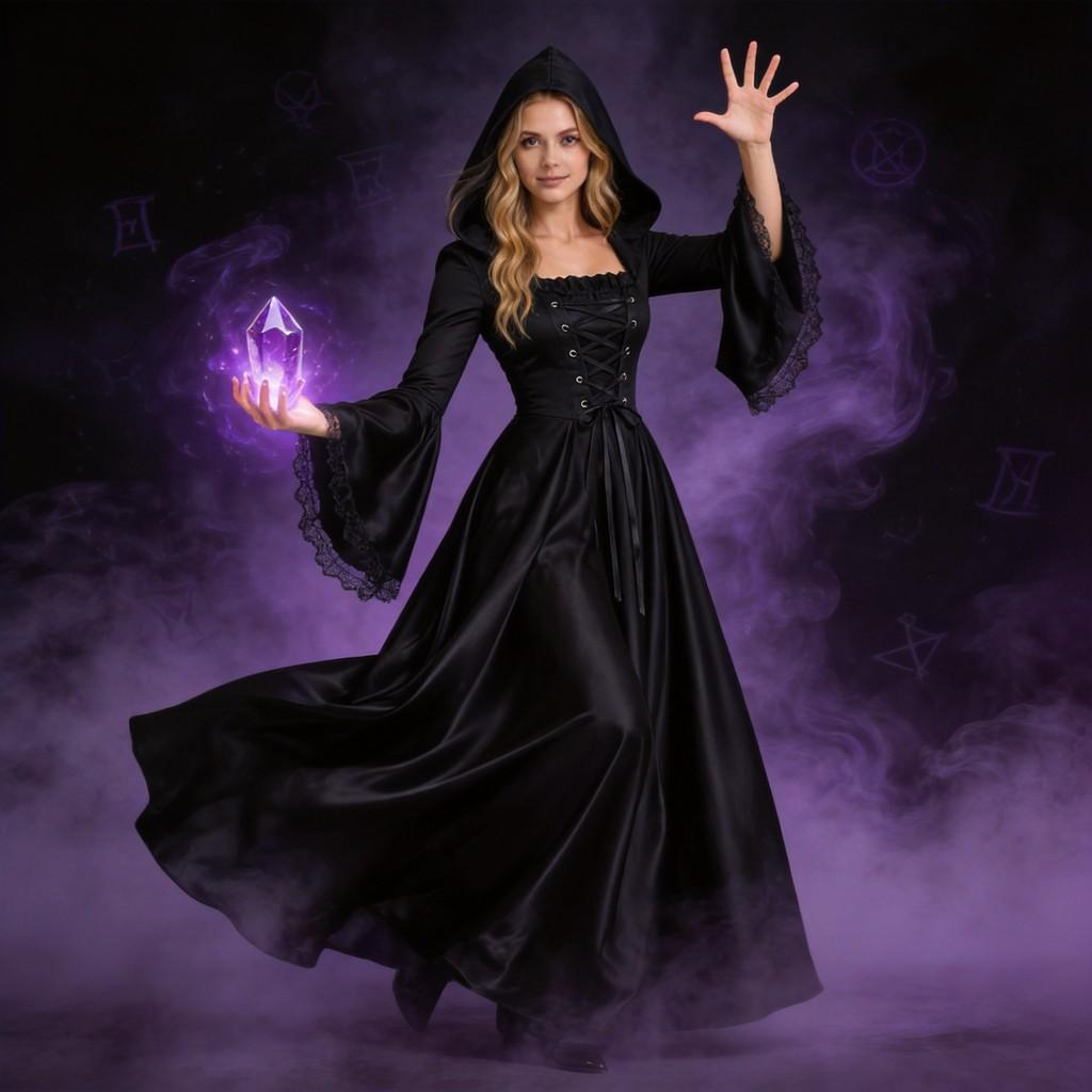 Gothic Witch Dress Cosplay Costume With Long Sleeves Halloween Attire For Adults