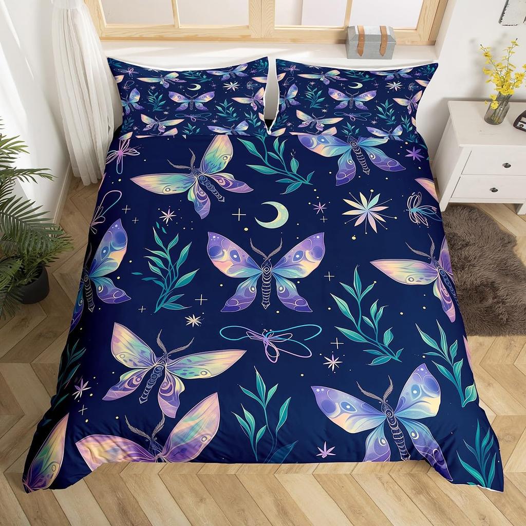 Gothic Moth Duvet Cover Set Queen Twin SizeDreamy Butterfly Animal Rustic Leaves Bedding SetExotic Starry Moon Sky Quilt Cover