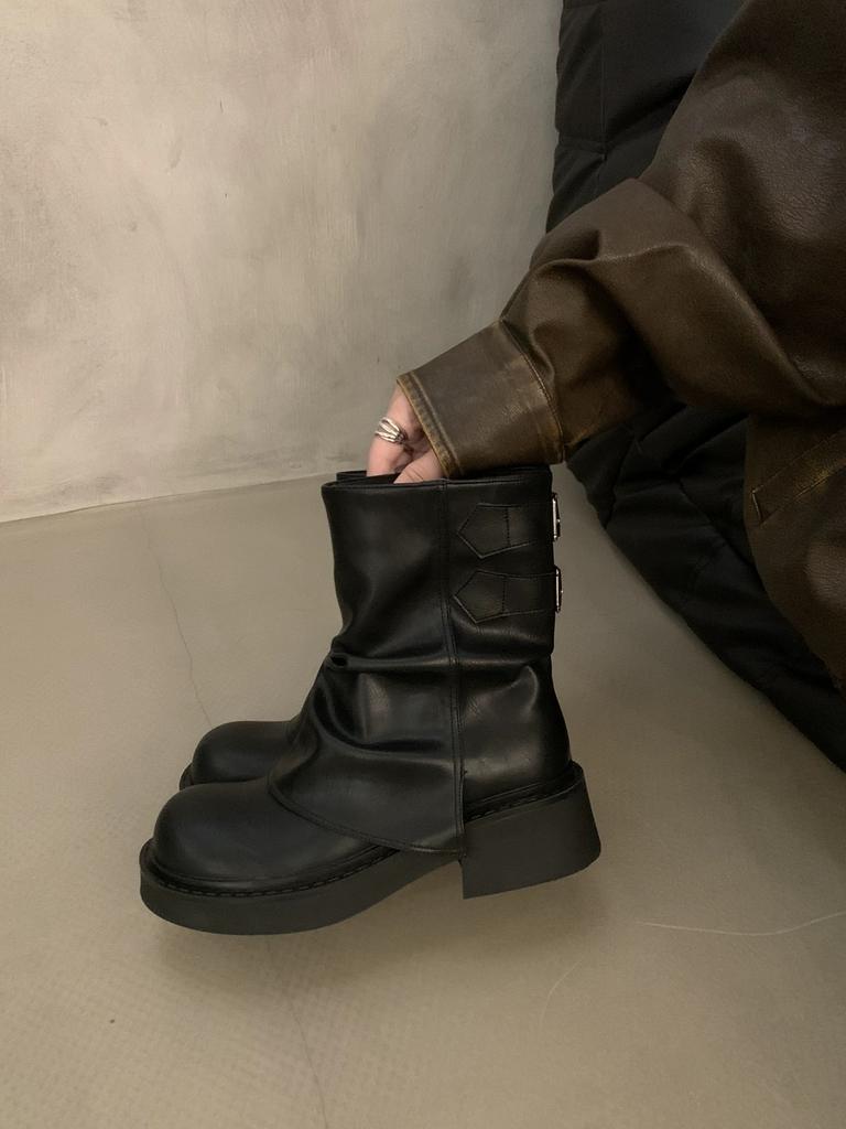 Fashion Women Mid-calf Pleated Platform Boots New 2024 Chunky Mid Heels Motorcycle Boots Fad New Trend Gladiatus Walking Chaussures Lady