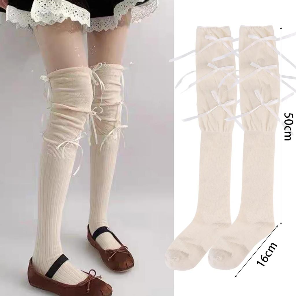 Lolita Long Socks Women Bandage Ribbon Bow Sweet Girls Kawaii Cute Over Knee Socks Ballet Style Solid Color Black White Socks