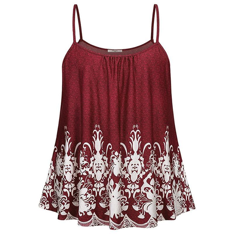 Elegant Women Print Loose Casual Summer Pleated Flowy Sleeveless Camisole Tank Tops