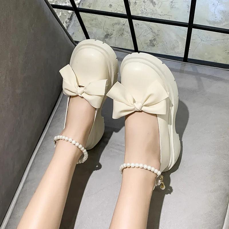 Fashion Women's Thick Platform Shoes Party Pumps Summer 2025 New Sandals Pearl Bow Chain Mujer Shoes Fashion Oxford Platform Loafers