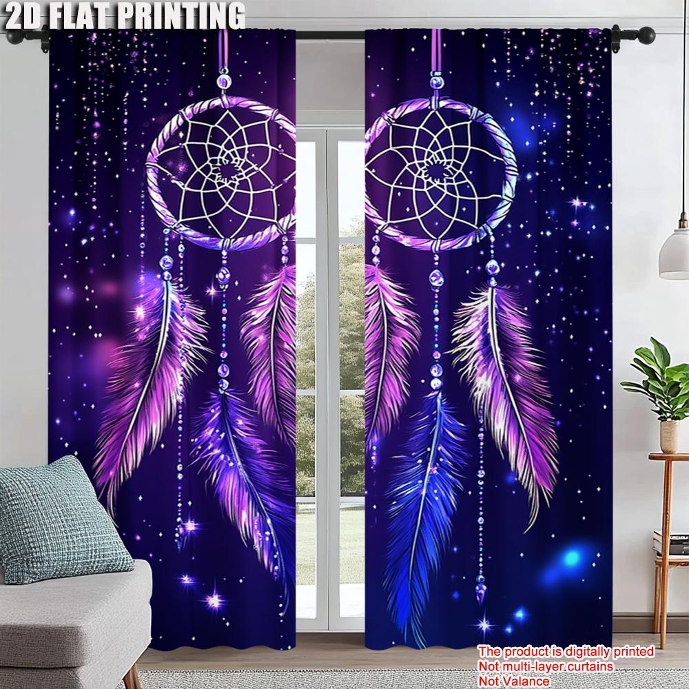 

2Pcs Purple Dreamcatcher Feather Digital Printed Window Curtain Suitable For Living Room Bedroom Study Home Decoration Rod 100*130 HOOK 1pcs