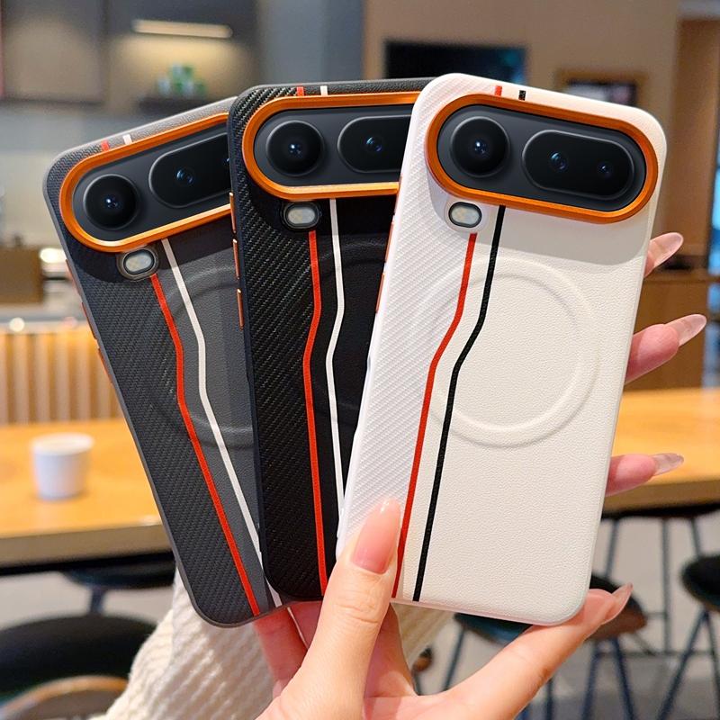 For Honor Magic 8 Pro Air Case Magnetic Carbon Fiber Pattern Vegan Leather Contrast Color Soft Silicone TPU Back Cover