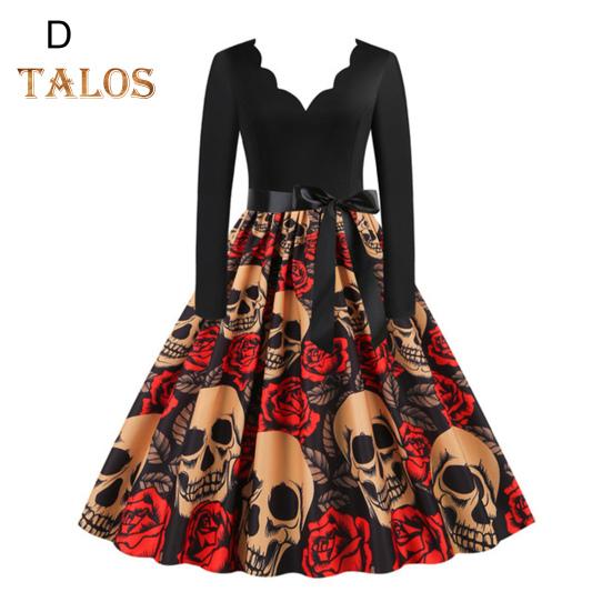 Damen Halloween Kleid A-Linie Big Swing Totenkopf Print Schnürung Schleife Gürtel Gewellter V-Ausschnitt Patchwork Plissee Lange Ärmel Party Karnevalskleid