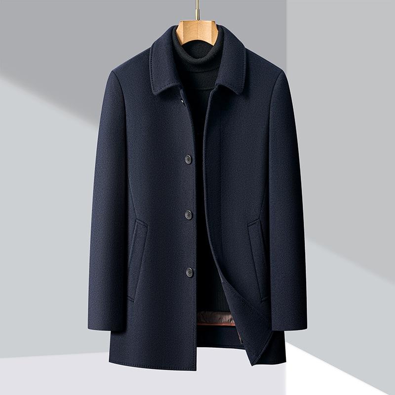 Winter Thick Double-sided Woolen Coat for Middle-aged Men, Wool Coat, Down Dad Outfit, Medium-length Cashmere Windbreaker for Men