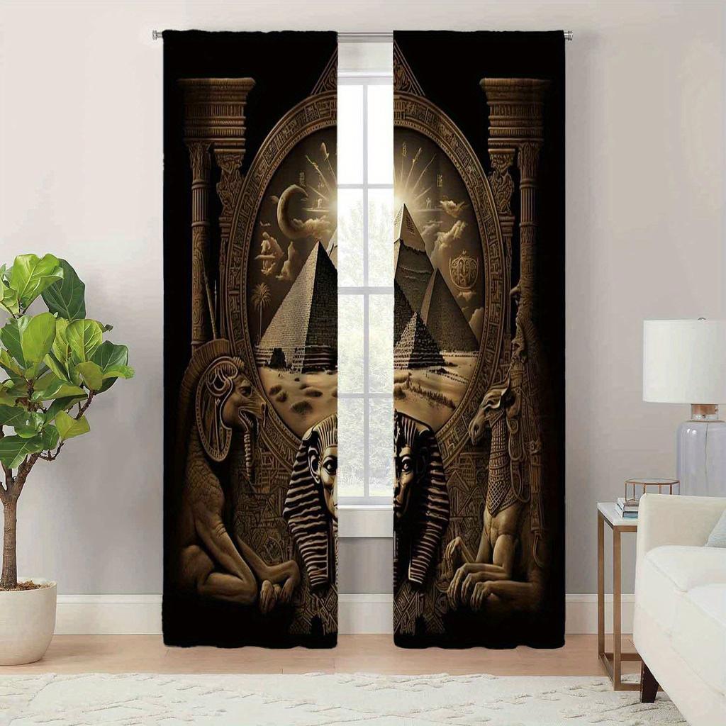 2 Stück Altägyptische Wandmalerei Vorhänge Stangentasche Dekorative Bedruckte Vorhänge Lichtfilternde Vorhänge Für Küche Wohnzimmer Büro