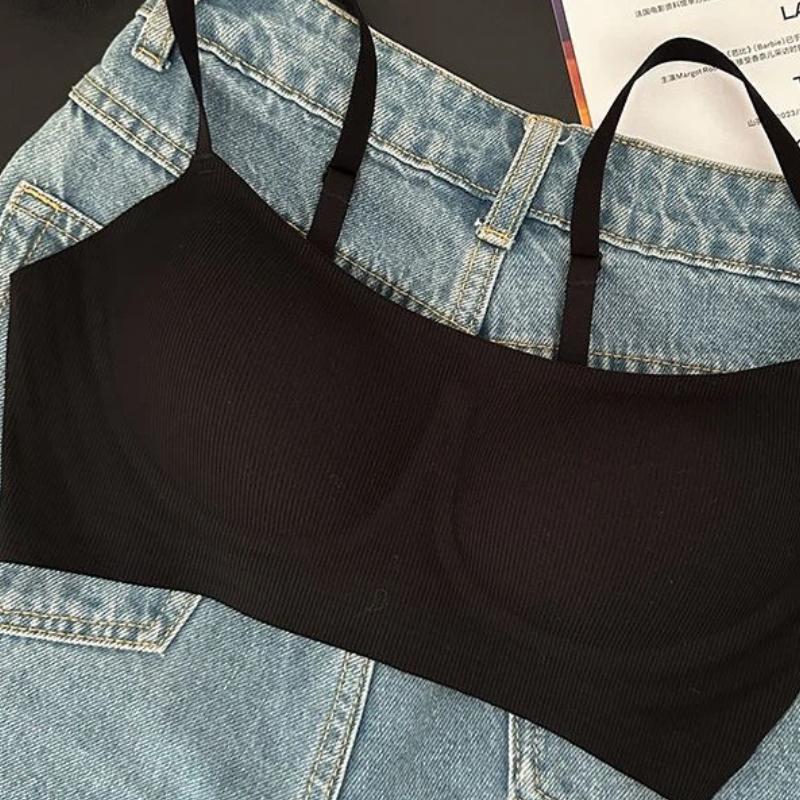 Black Ribbed Bralette with Adjustable Thin Straps Seamless Wireless Comfort Lingerie for Everyday Wear