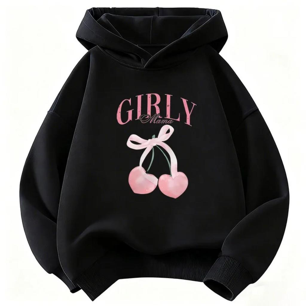 Children's Round Neck Hooded Sweatshirt Loose Comfortable Casual Stylish Outdoor Sports Cherry Print Long Sleeved