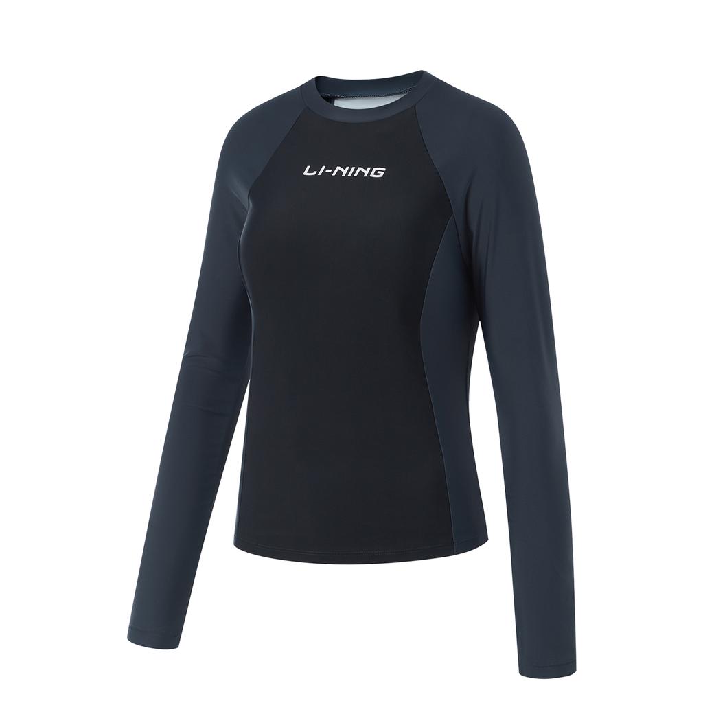 Li Ning Swimming Series Color Block Letter Round Neck Pullover Long Sleeve Two-Piece Swimsuit Women swimsuit Black Ink-Gray ASLT074-2
