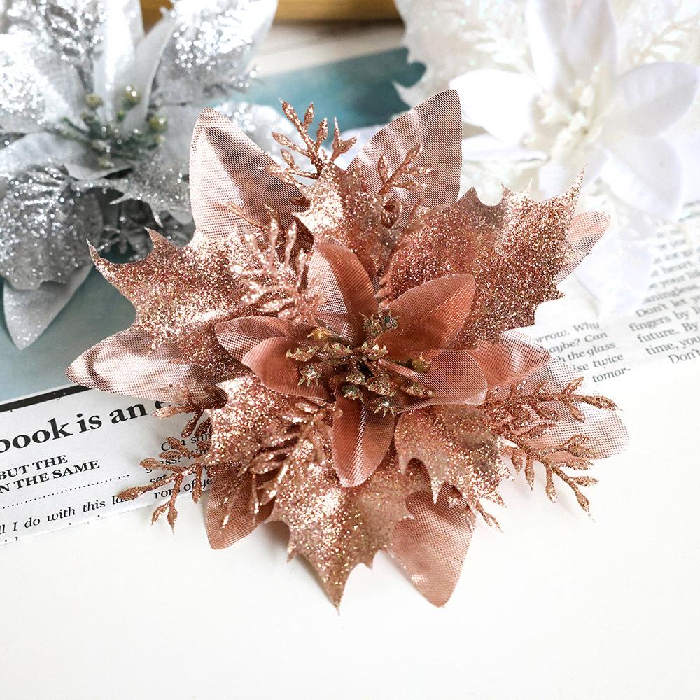 Glitter Artifical Christmas Flowers Mreey Christmas Tree Decoration Happy New Year Ornaments Xmas Fake Flowers For New Year
